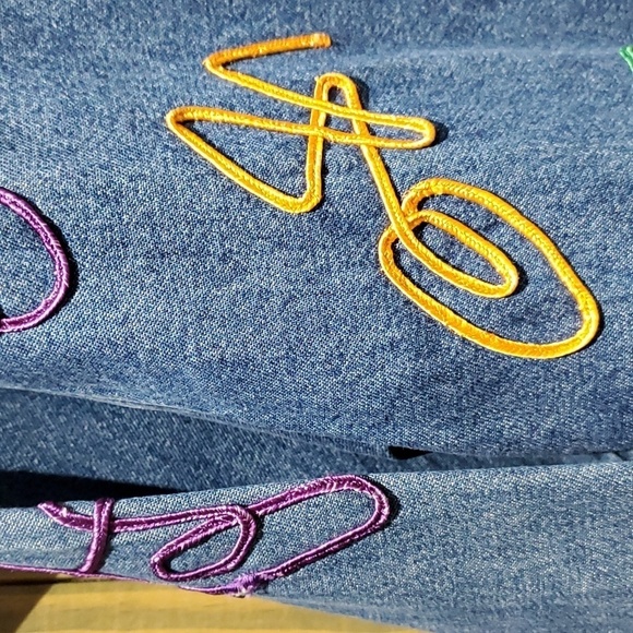 VINTAGE JEAN DENIM SHACKET BUTTONDOWN SHIRT LARGE 80s 90s ART DECO EMBROIDERED - Picture 3 of 6